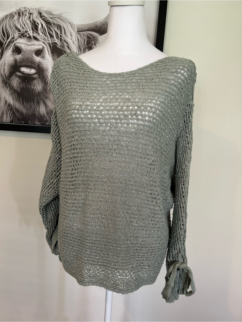Jolt Sage Green Open-Knit Crewneck Sweater with Sleeve Ties